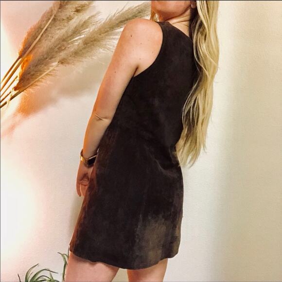 VINTAGE Compero Brown Suede Leather Button Front Sleeveless Tank Jumper Dress 42 - Picture 4 of 6